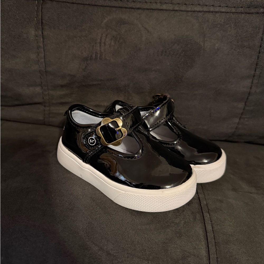 Stride Rite Black Patent T-Strap Shoe with Gold Buckle